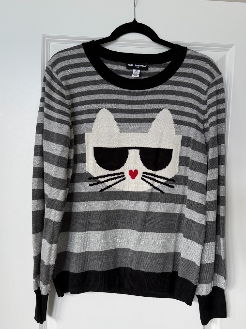 Karl Lagerfeld Shimmery Gray & White Cat Face Sweater
